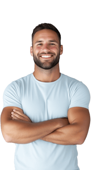 Smiling man in grey shirt with arms crossed on transparent background, confident and positive pose png