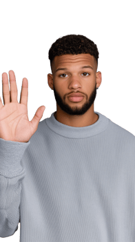 Man in grey sweater raising hand on transparent background, neutral expression png