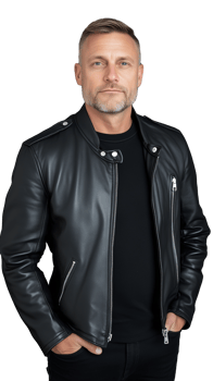 Confident man in black leather jacket posing on transparent background, strong and casual expression png