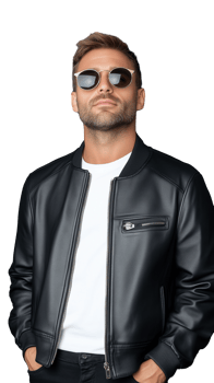 Confident man in black leather jacket and sunglasses on transparent background, stylish and cool pose png