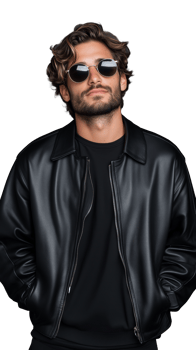 Stylish man in black leather jacket and sunglasses posing on transparent background, confident look png