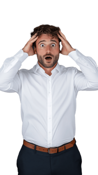 Surprised man in white shirt with hands on head on transparent background, shocked expression png