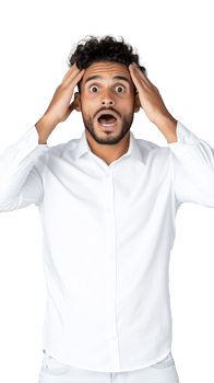 Shocked man in white shirt with hands on head on transparent background, surprised expression png