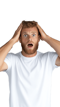 Surprised man in white shirt with hands on head on transparent background, astonished expression png