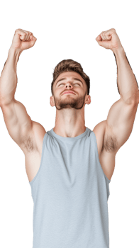 Athletic man in grey tank top raising arms in triumph on transparent background, confident expression png