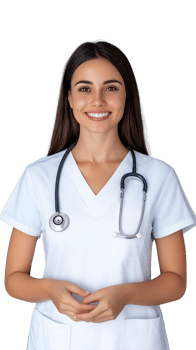 Smiling female doctor in white coat with stethoscope on transparent background, professional and cheerful png