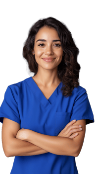 Smiling female nurse in blue scrubs posing confidently on transparent background, professional and friendly png