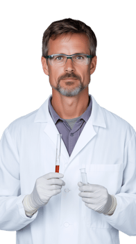 Focused male doctor in white coat holding vial on transparent background, professional and serious look png
