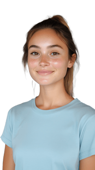 Smiling young woman in light blue shirt on transparent background, cheerful and casual look png