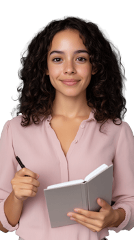 Smiling woman holding notebook and pen on transparent background, confident and professional expression png