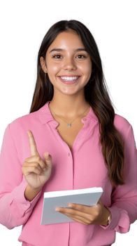 Smiling woman holding notebook and pen on transparent background, confident and friendly expression png