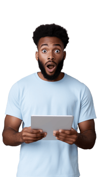 Surprised young man holding tablet on transparent background, shocked and expressive look png