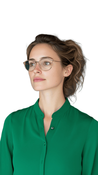Serious woman with glasses in green dress on transparent background, professional and focused expression png