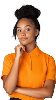 Confident young woman with arms crossed wearing orange shirt on transparent background, professional look png