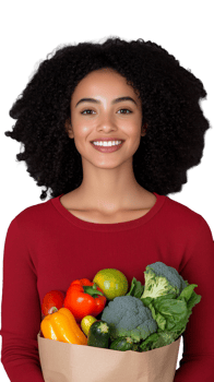 Smiling woman holding a grocery bag filled with fresh vegetables on transparent background, healthy lifestyle concept png