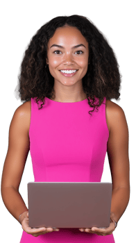 Confident woman holding laptop wearing pink dress on transparent background, modern and professional look png