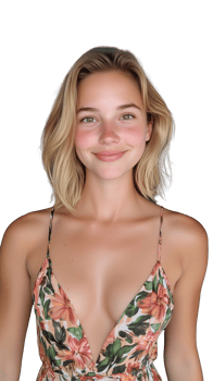 Smiling young woman wearing floral dress on transparent background, casual and stylish look png