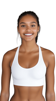 Smiling woman wearing white sports bra on transparent background, fitness and active look png