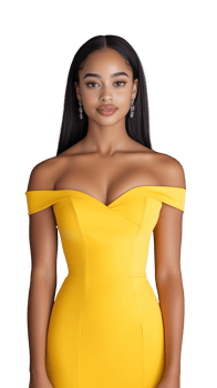 Confident woman in yellow dress on transparent background, elegant and fashionable look png