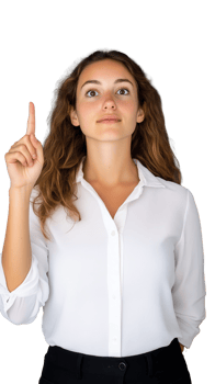 Woman pointing up while wearing white shirt on transparent background, thoughtful and focused look png