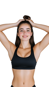 Young woman in black sports bra posing confidently on transparent background, fit and athletic look png
