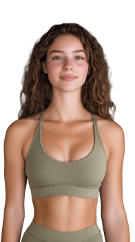 Smiling woman in olive green sportswear on transparent background, fit and healthy lifestyle png