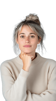 Thoughtful woman in beige sweater posing on transparent background, casual and stylish look png