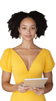 Woman in yellow dress holding a tablet on transparent background, confident and professional png