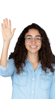 Smiling woman waving in denim shirt on transparent background, casual and friendly gesture png