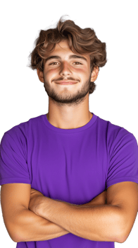 Confident boy in purple t-shirt smiling on transparent background, feeling self-assured png