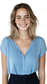 Smiling woman in light blue blouse on transparent background png