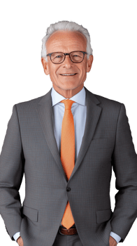 Elderly man in suit and orange tie smiling confidently on transparent background png