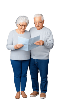 Happy senior couple reading paper together on transparent background png