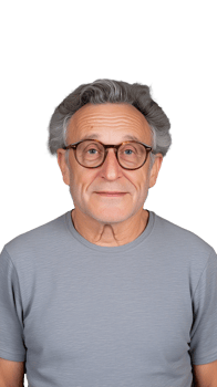 Elderly man with glasses standing in casual gray shirt on transparent background png