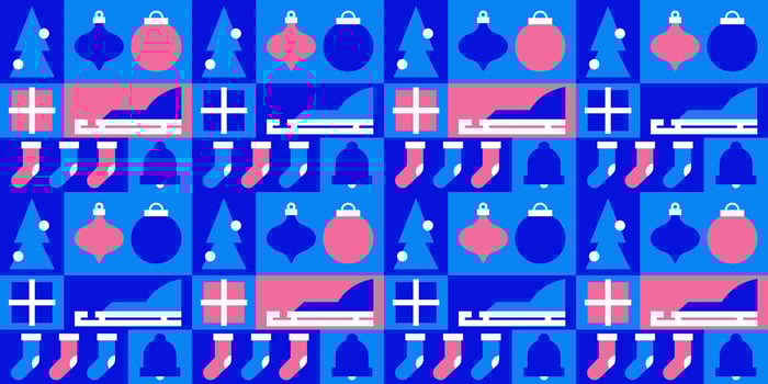 Modern geometric Christmas seamless pattern. Xmas pink and blue mosaic background. Sleigh, gift box, Christmas tree, bell. Abstract geometric illustration for wrapping paper, cover, print vector