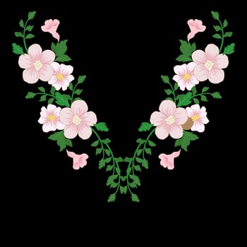 Embroidery flower round neck line patch composition for t-shirt design. Floral print for textile and fabric vintage tribal illustration isolated on black background. vector