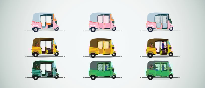 Set of yellow and Green auto-rickshaw illustrations in India. with rickshaw paint on it. front view, side view of tuk-tuk vector