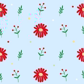 A pattern with red flowers and leaves on a blue background vector