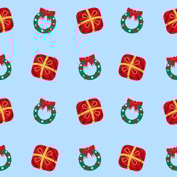 Christmas wreath and presents on a blue background vector