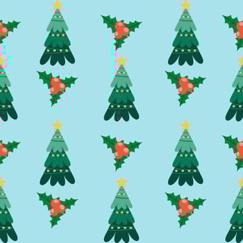 Christmas trees and holly on a blue background vector