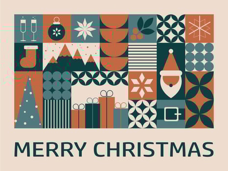 Horizontal Christmas greeting card with mosaic elements. Geometric Christmas banner with traditional symbols. illustration vector