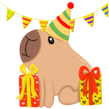 Capybara wears a birthday party hat with a gift box. png