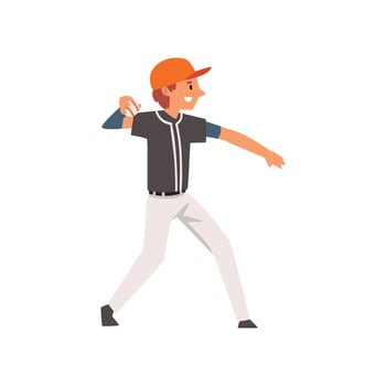Baseball Player Throwing Ball, Softball Athlete Character in Uniform Illustration vector