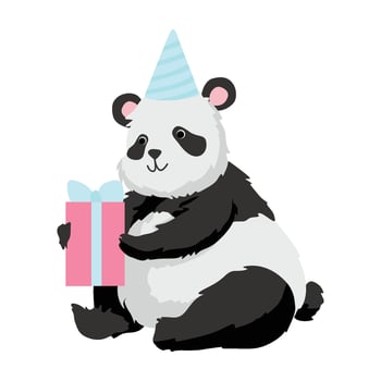 Cute Panda Bear Wearing Party Hat Sitting with Gift Box, Happy Lovely Animal Character Illustration vector