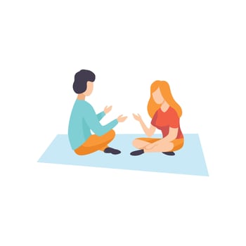 Young Man and Woman Sitting on Plaid and Talking, Romantic Couple Enjoying Picnic Outdoors Illustration vector