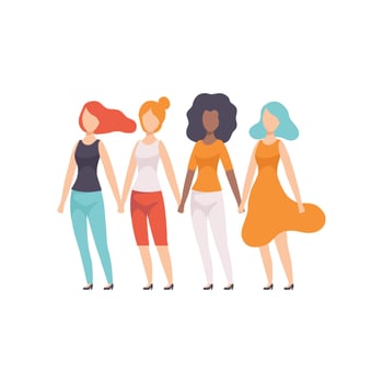 Girls of Different Nationalities Holding Hands, Young Women Advocating for Gender Equality, Freedom, Civil Rights, Independence Illustration vector