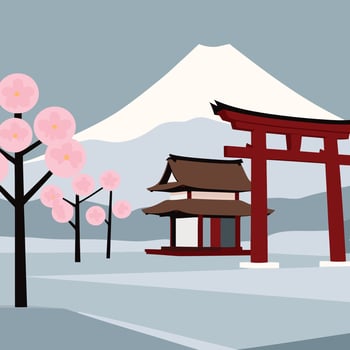 Japanese tori gate with cherry blossoms and mountain in background vector