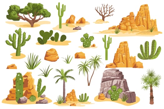 Desert stones and plants mega set elements in flat graphic design. Collection objects of different trees, cactus, palms and rock mountains for wildlife African landscape scenes. illustration. vector