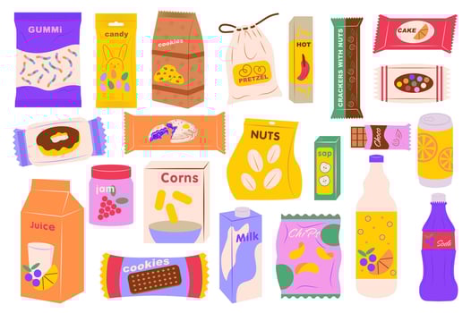 Snacks in packages mega set elements in flat graphic design. Collection objects of sweets, gummy, candies, cookies, pretzels, chips in plastic packs and drinks in can and bottles. illustration. vector