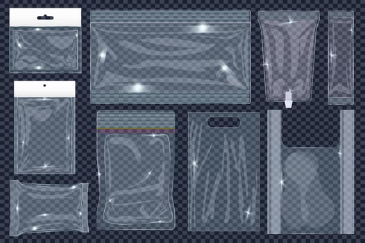 Transparent blank food packs mega set elements in flat graphic design. Collection objects of different shape empty plastic package with zip lock, waterproof polythene packaging. illustration. vector